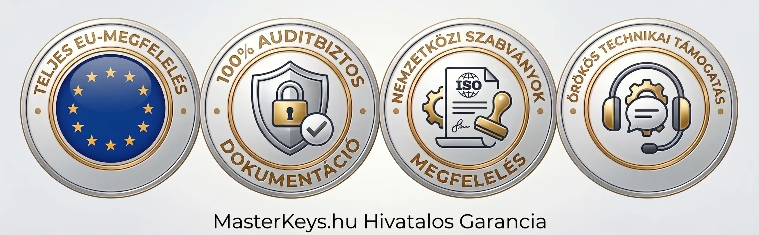 MasterKeys EU megfelelőségi és auditálható licencgarancia jelvények